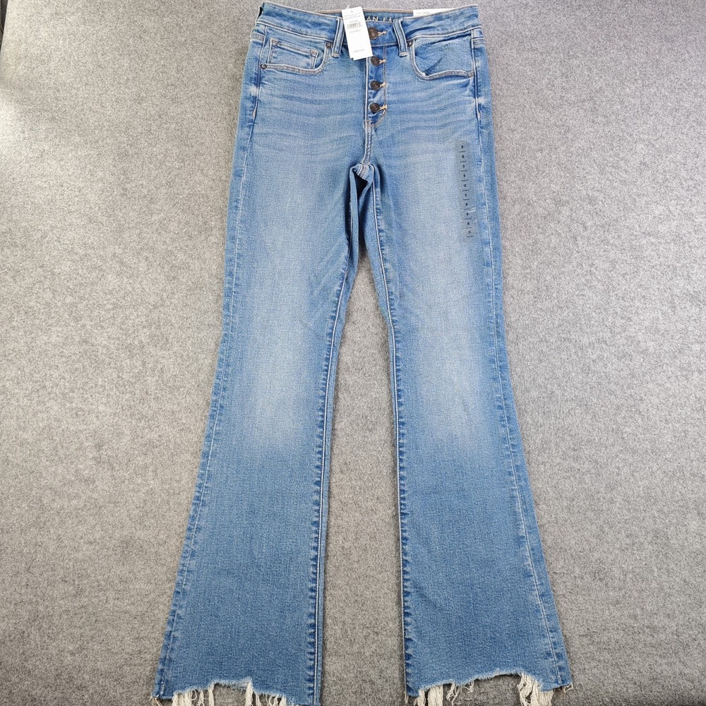 American Eagle Hi Rise Skinny Kick Jeans Women's 8 Short NWT Raw Hem Button Fly
